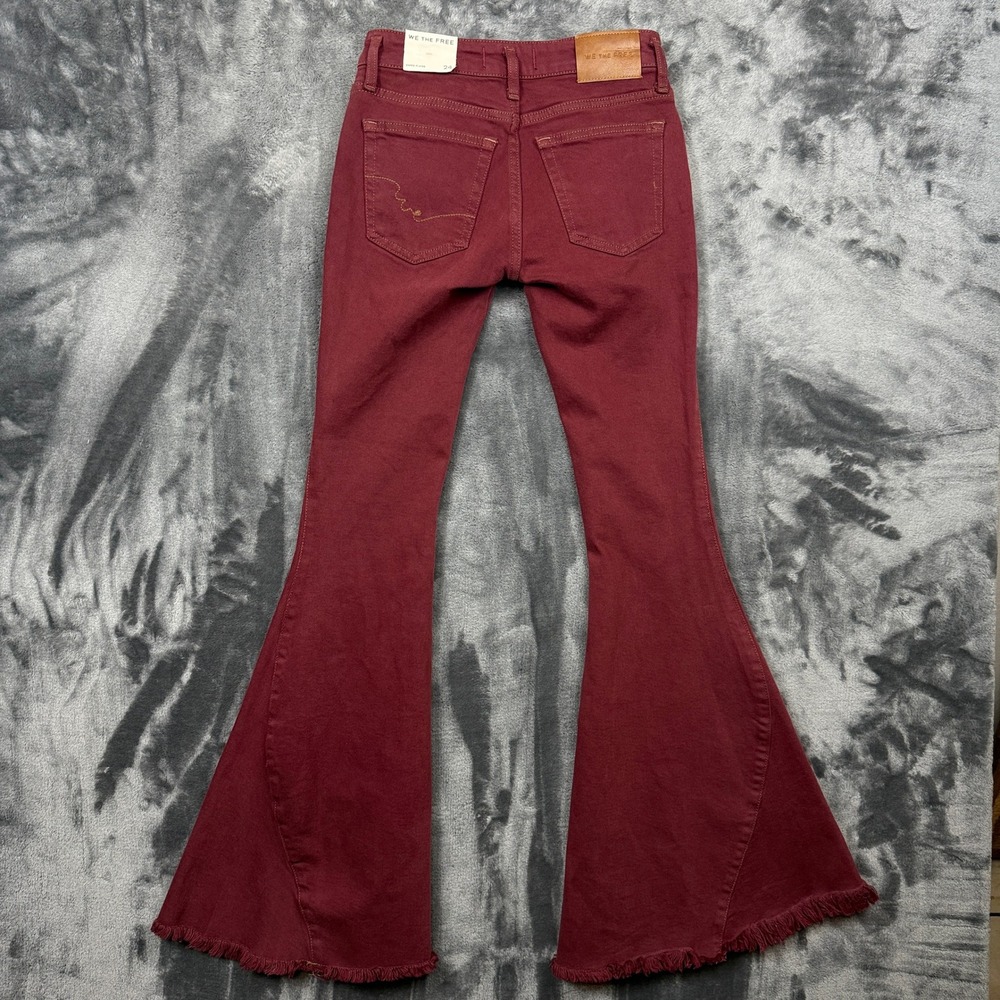 We The Free Flare Jeans Womens 24 Burgundy Raw Hem Bell Bottom New Boho Hippie - Picture 9 of 10